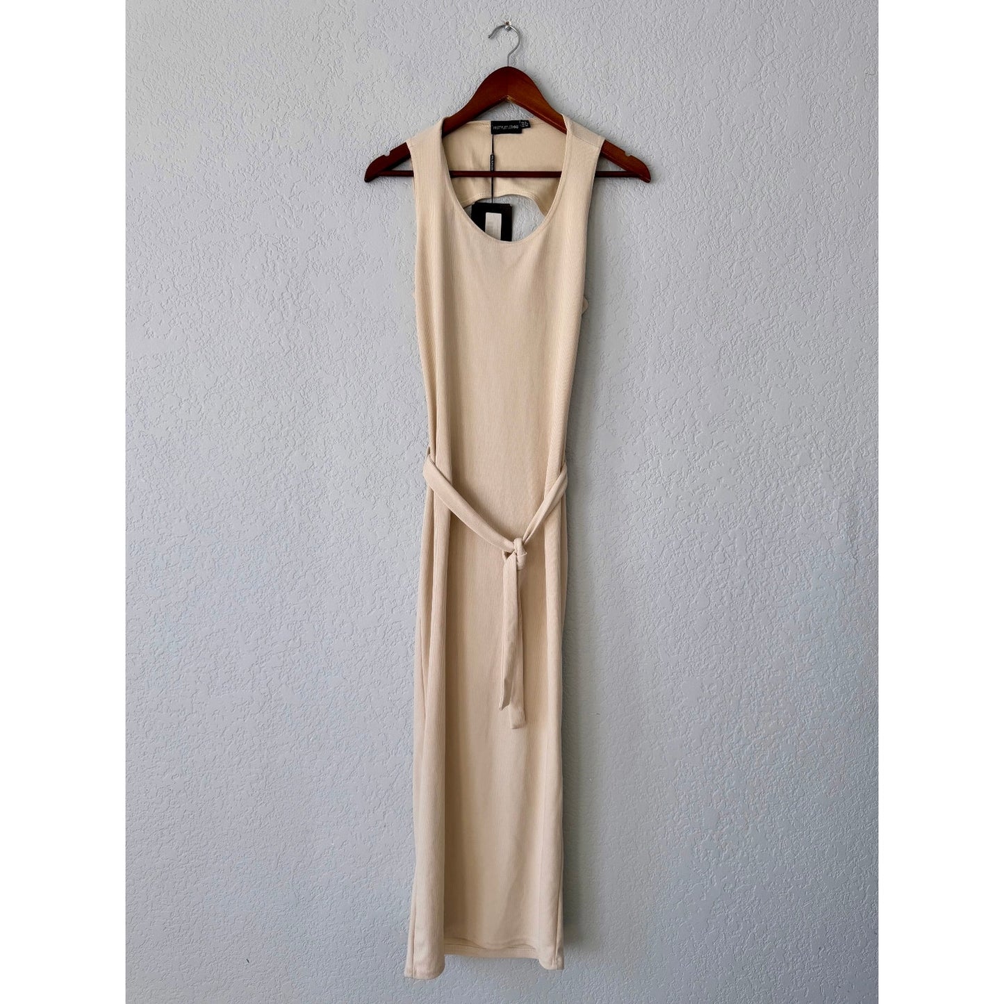 PrettyLittleThing Rib Cut Out Back Tie Waist Midi Dress