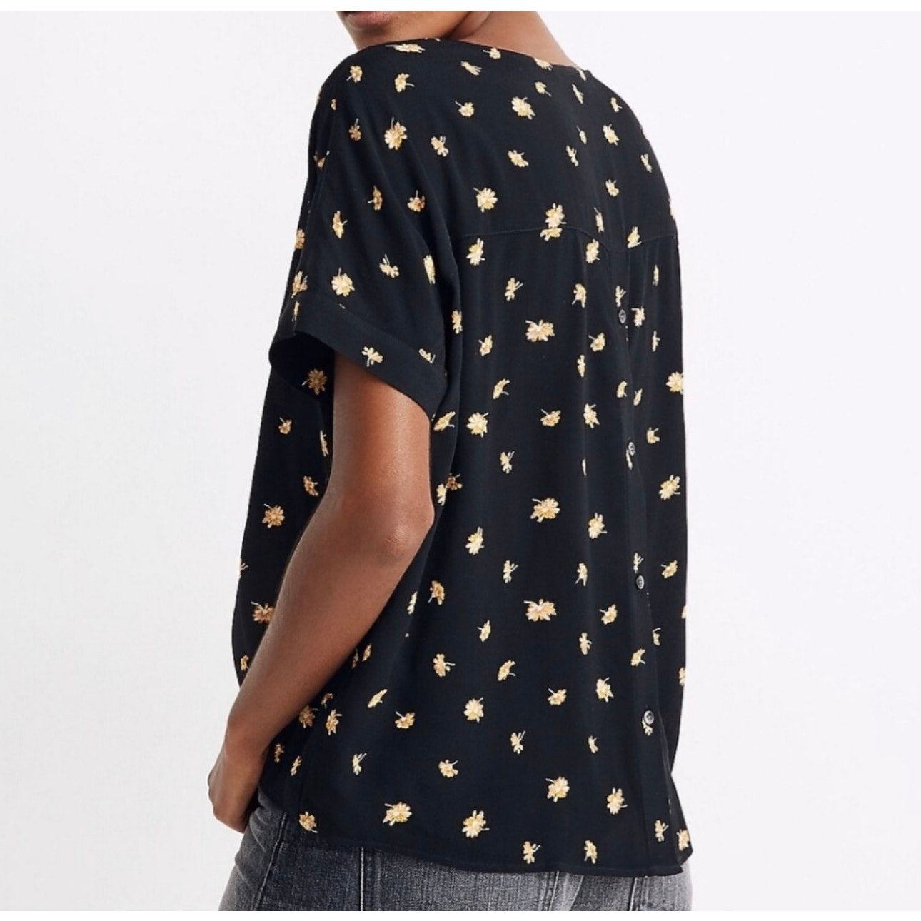 madwell french daisies print drapey v-neck button-back blouse