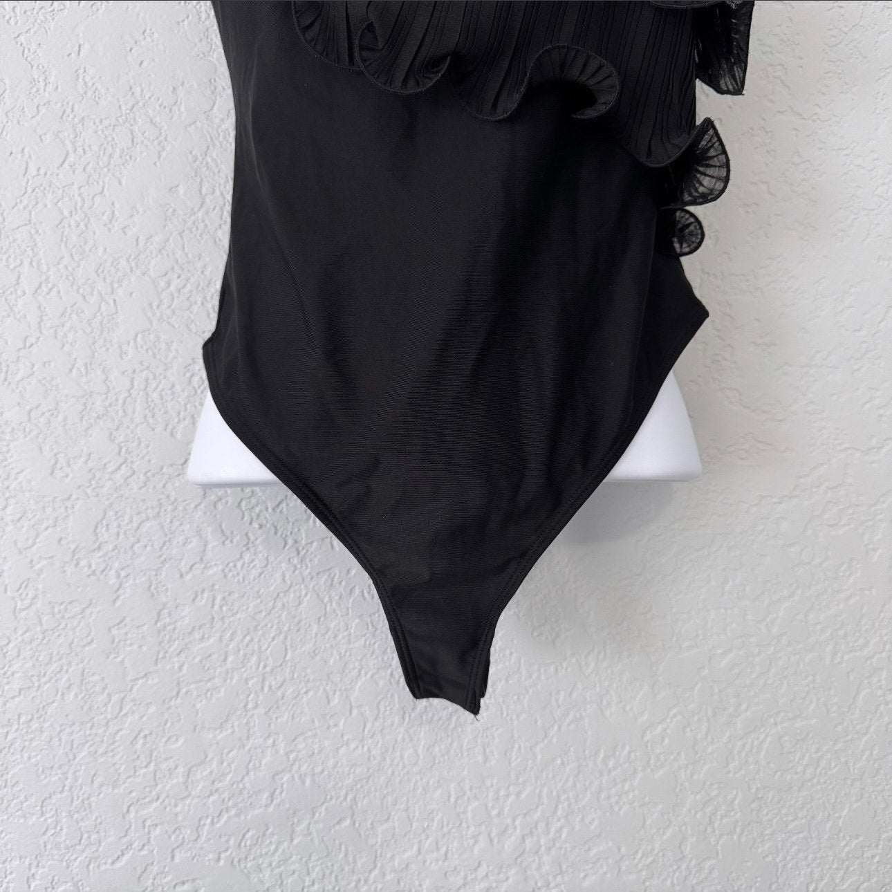 Anthropologie Black One Shoulder Ruffled Thong Bodysuit Size X-Small