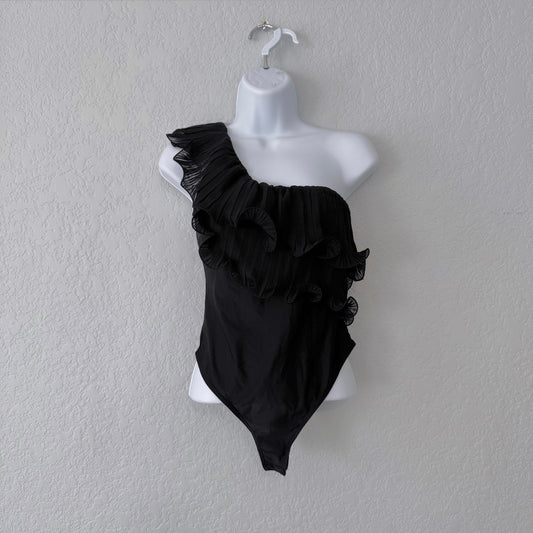 Anthropologie Black One Shoulder Ruffled Thong Bodysuit Size X-Small