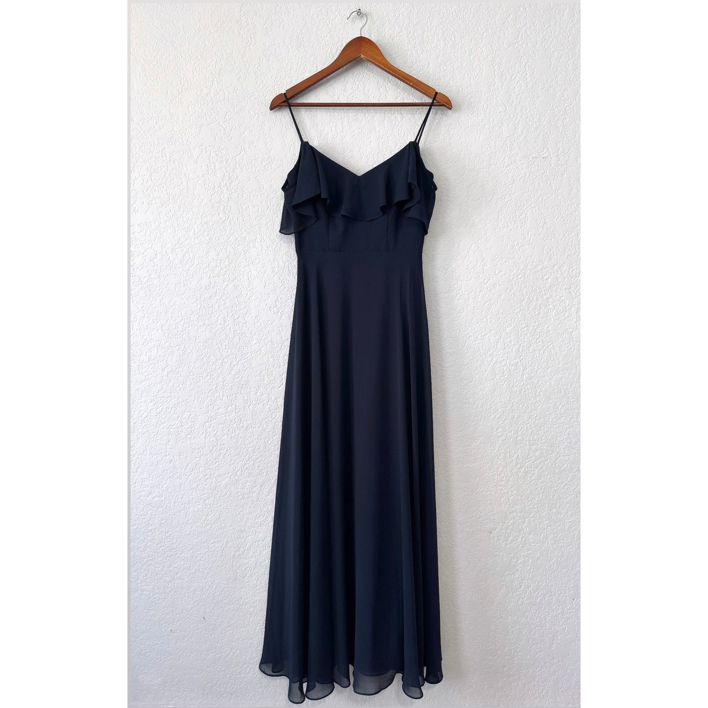levkoff spaghetti strap ruffle top floor length gown dress