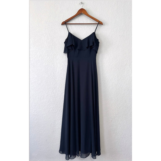 levkoff spaghetti strap ruffle top floor length gown dress
