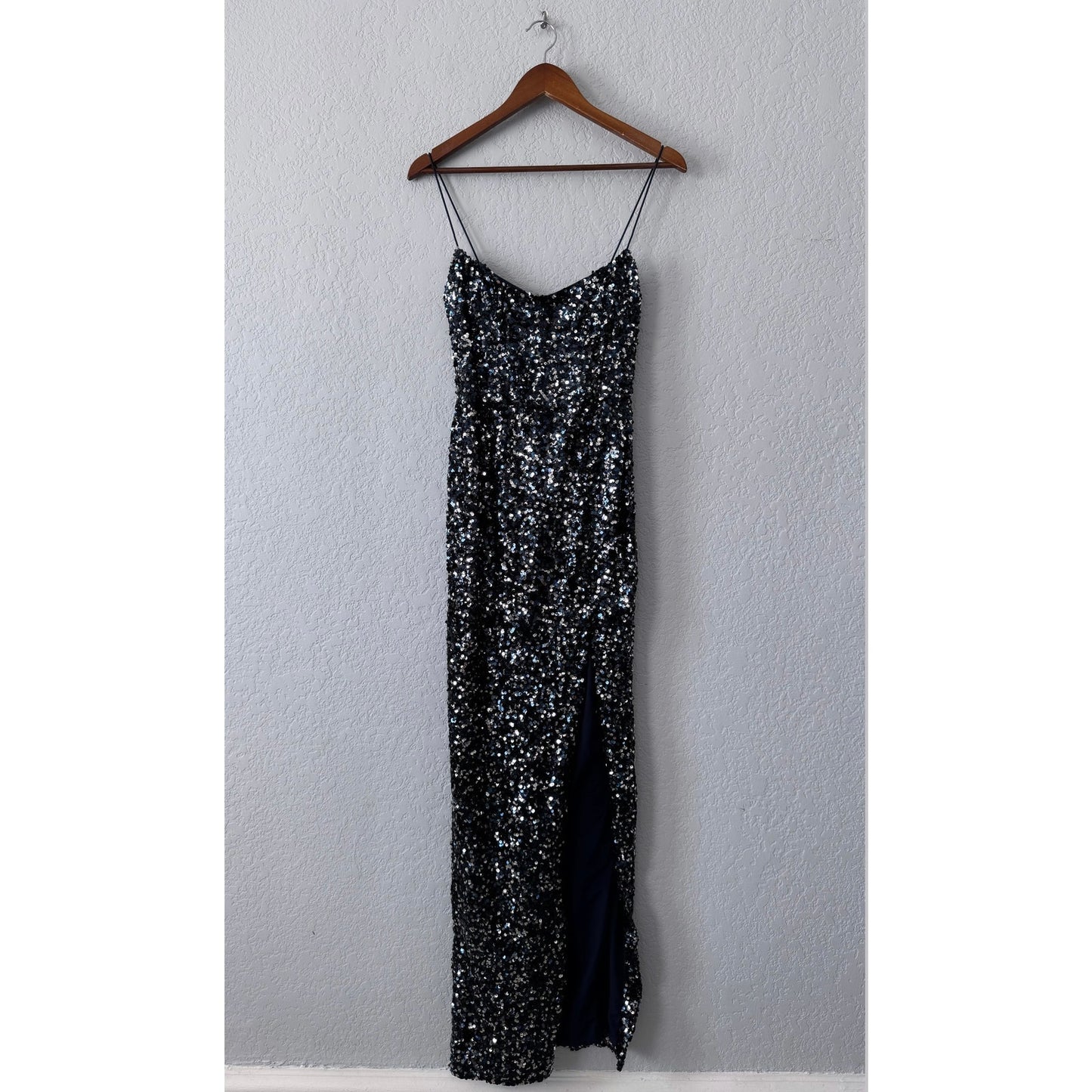 nookie spaghetti strap floor length sequin confetti gown