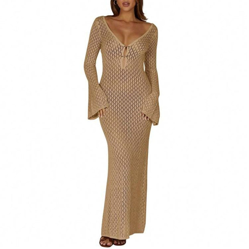 Saodimallsu Long Flare Sleeve Maxi Length Crochet Cover Up Dress