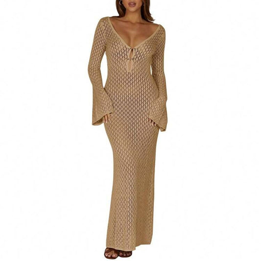 Saodimallsu Long Flare Sleeve Maxi Length Crochet Cover Up Dress