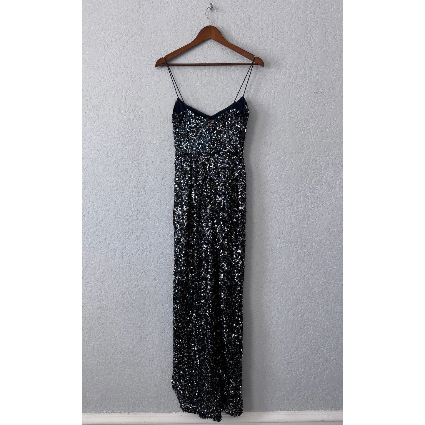 nookie spaghetti strap floor length sequin confetti gown