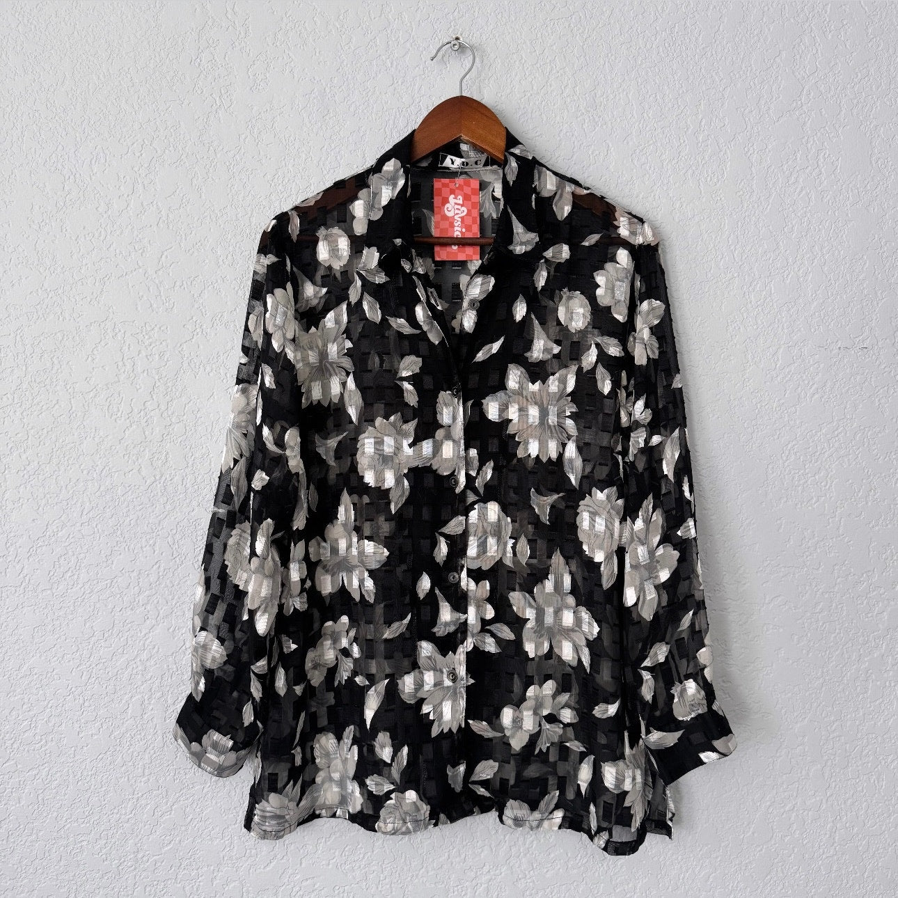 ydc vintage floral print sheer lightweight button up blouse