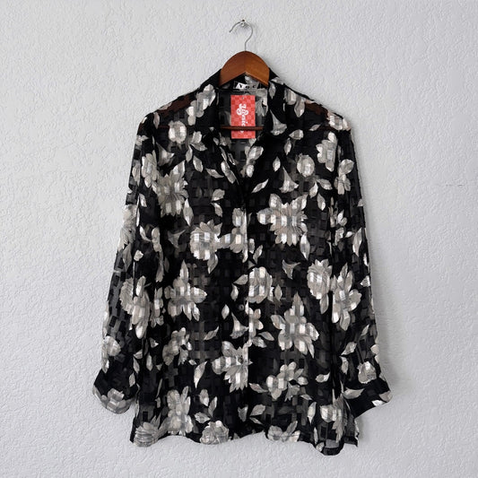 ydc vintage floral print sheer lightweight button up blouse