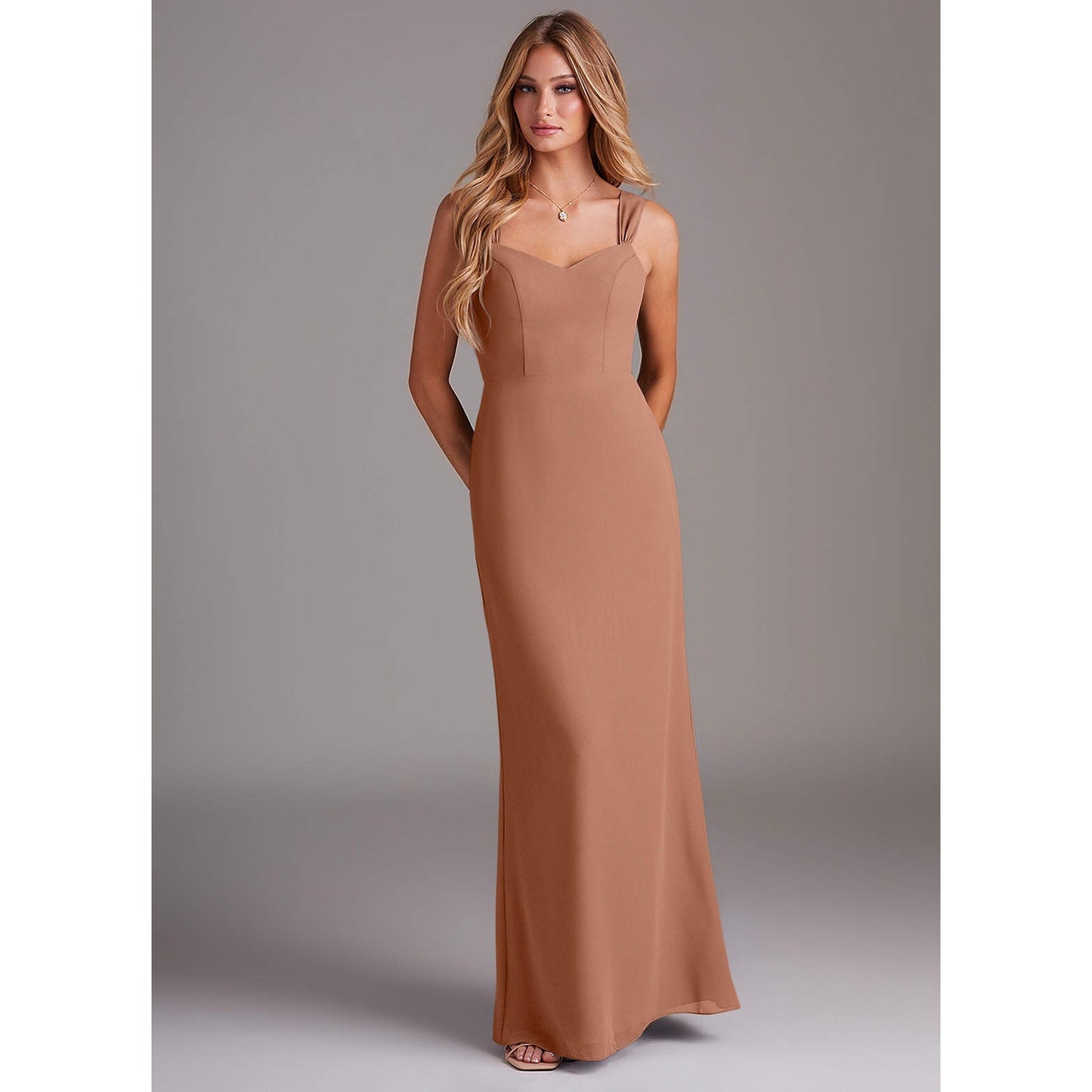azazie bronzer sleeveless maxi length bridesmaid dress
