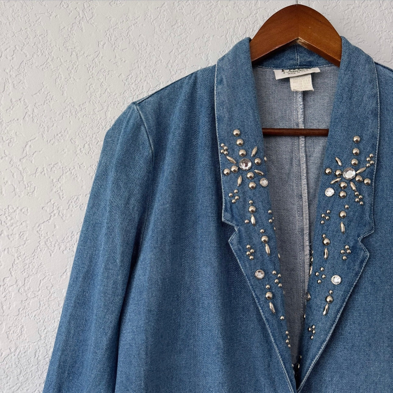 pado vintage embellished blue denim jean blazer jacket