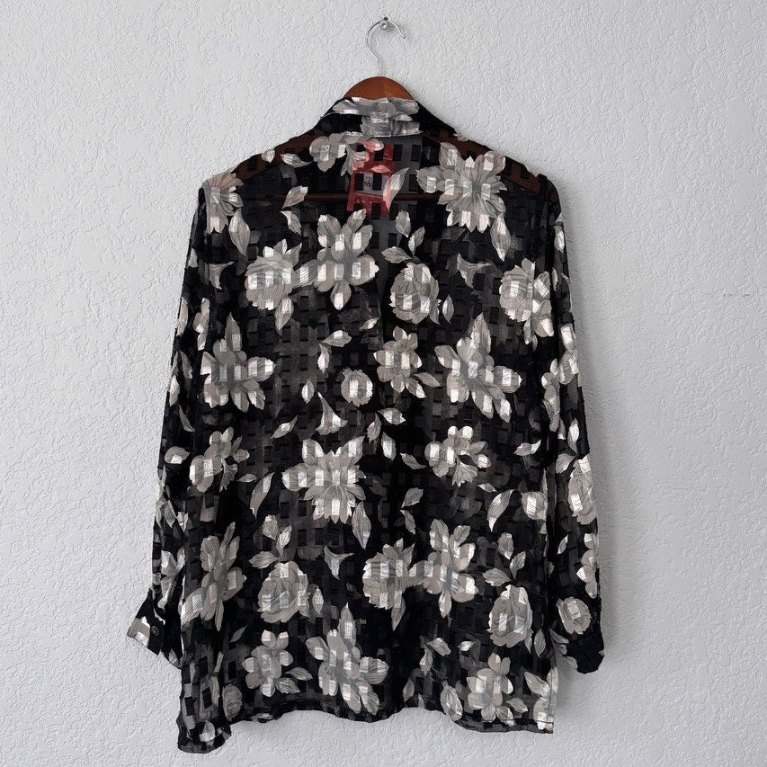 ydc vintage floral print sheer lightweight button up blouse