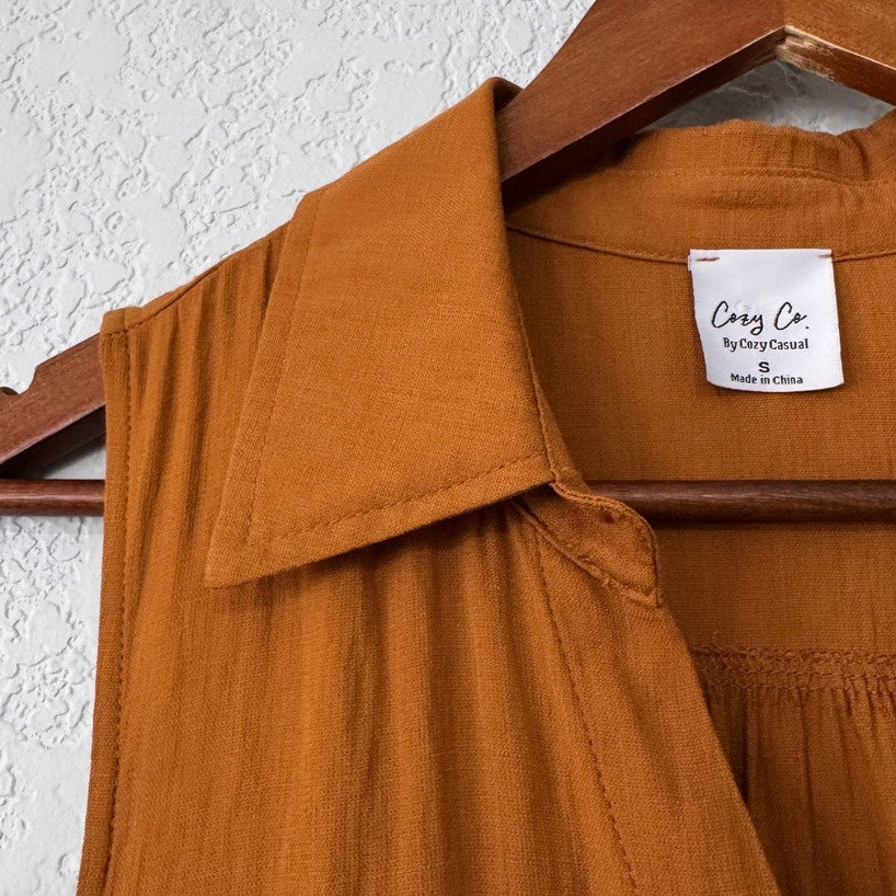 cozy co sleeveless tiered button up mini dress