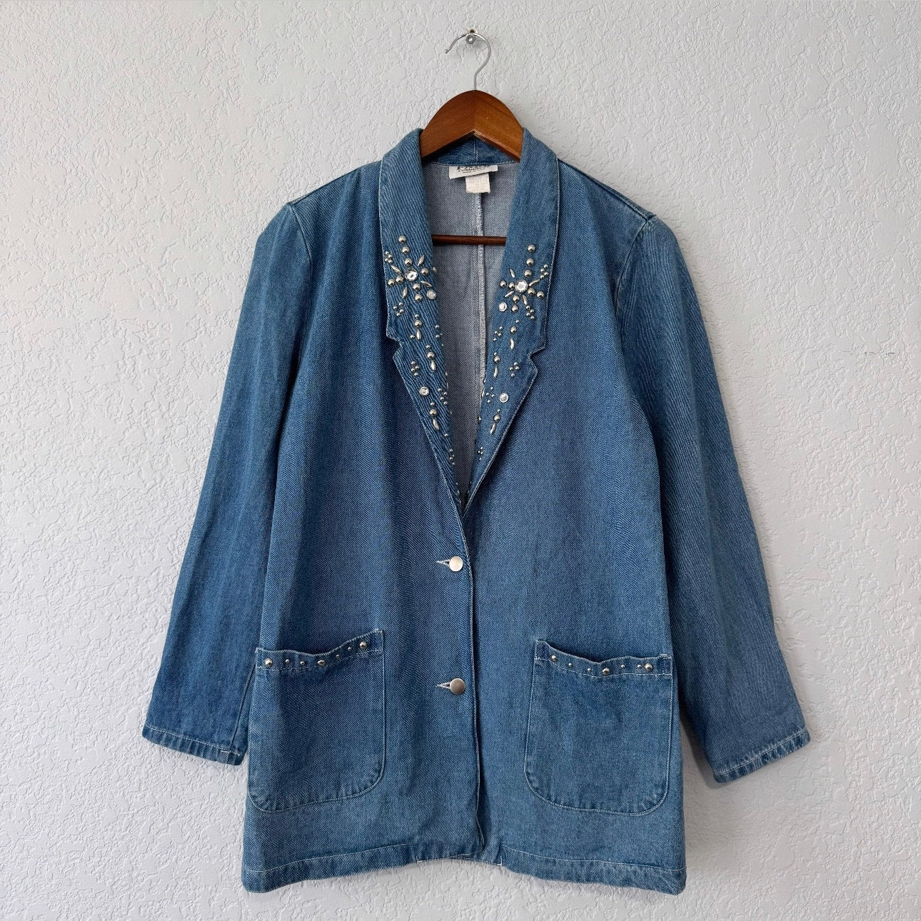 pado vintage embellished blue denim jean blazer jacket