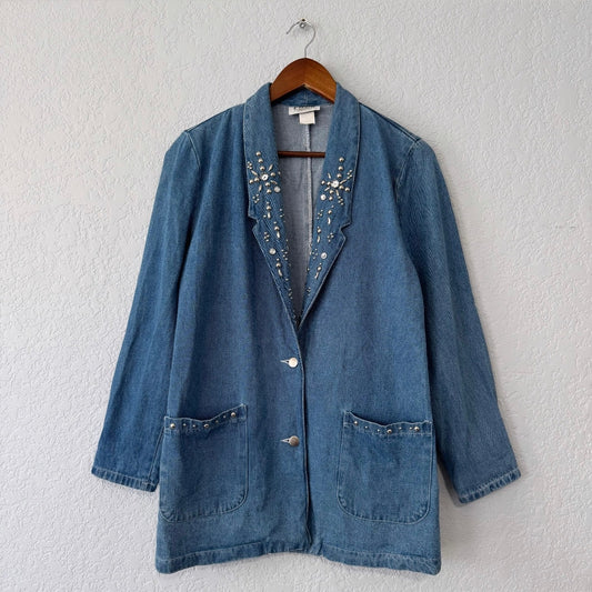 pado vintage embellished blue denim jean blazer jacket