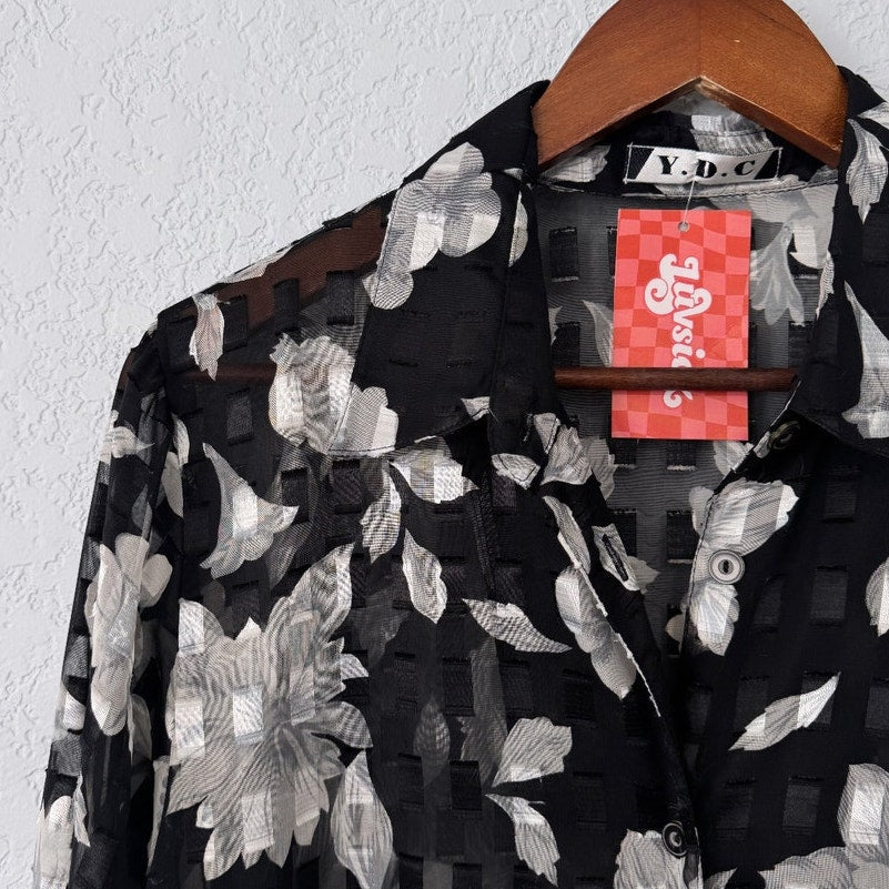 ydc vintage floral print sheer lightweight button up blouse