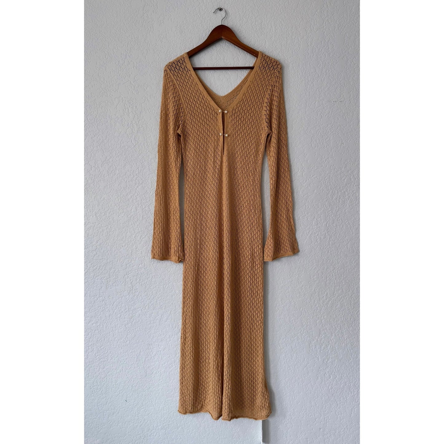 Saodimallsu Long Flare Sleeve Maxi Length Crochet Cover Up Dress