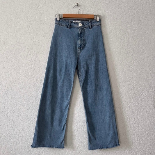 denim co primark cares mid wash blue denim wide leg high waisted jeans size 4