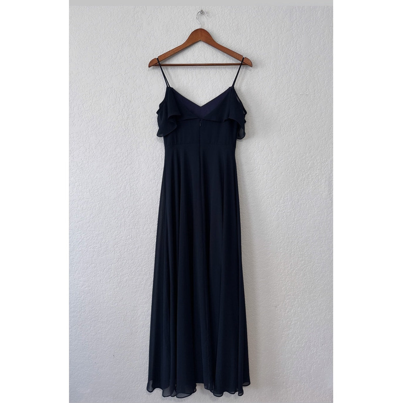 levkoff spaghetti strap ruffle top floor length gown dress