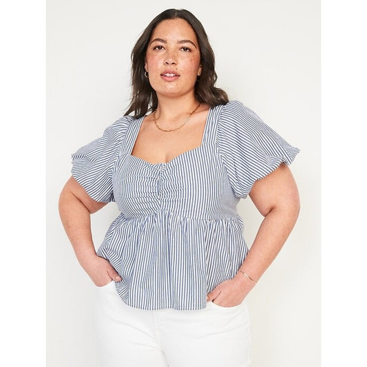 Old Navy Striped Puff-Sleeve Ruched Smocked Babydoll Blouse